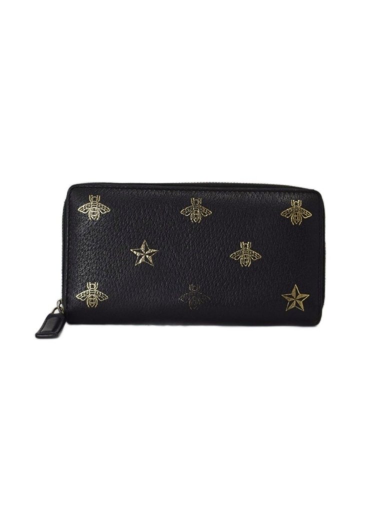 Gucci Bee & Star Round Zip Wallet Bee Leather Black Gold
